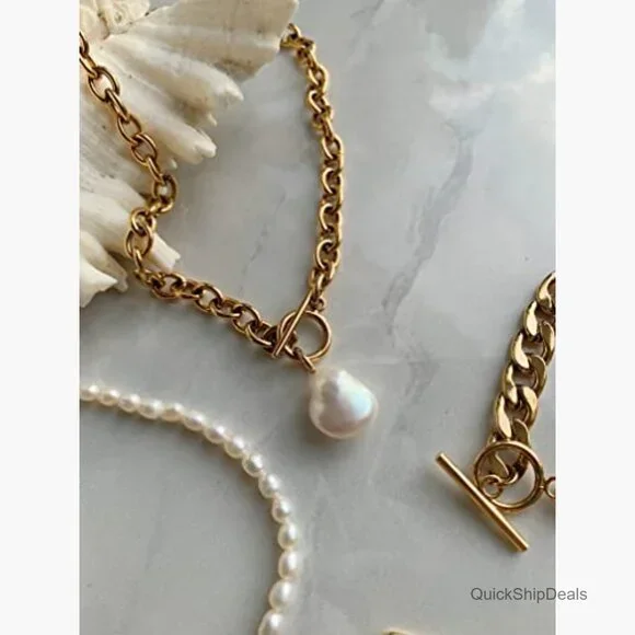 18K Gold Plated Pearl Pendant Necklace with Toggle Clasp